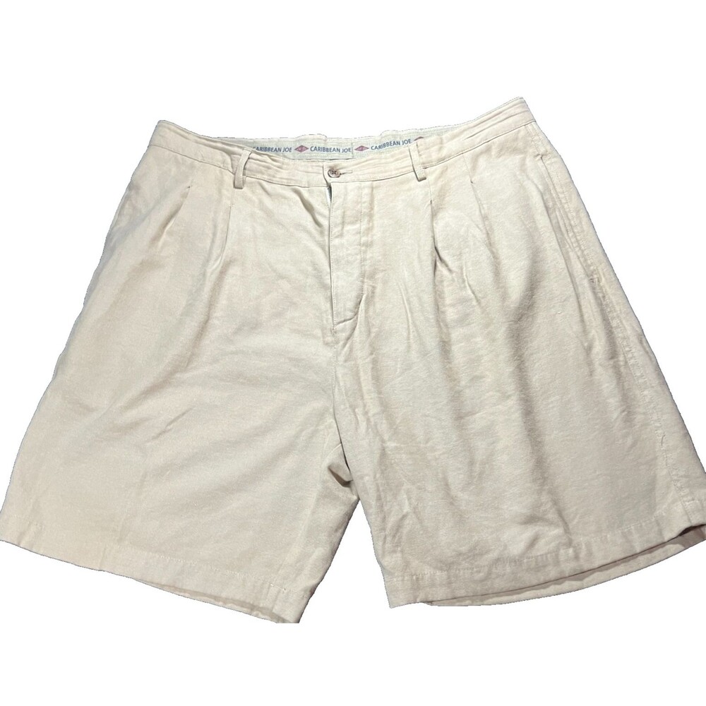 Mens Vintage Caribbean Joe Pleated Shorts Tan Beige Rayon Linen Blend Khaki 38